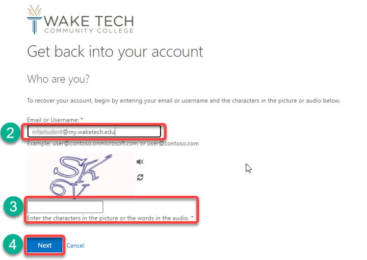 Initial instructions for resetting Wake Tech password