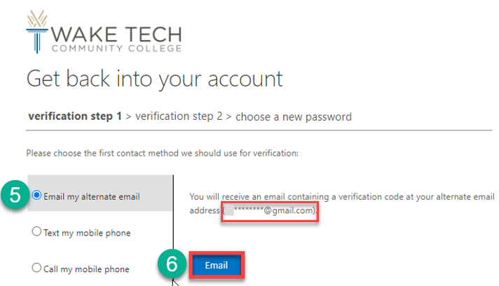 Select email my alternate email as part of resetting Wake Tech password