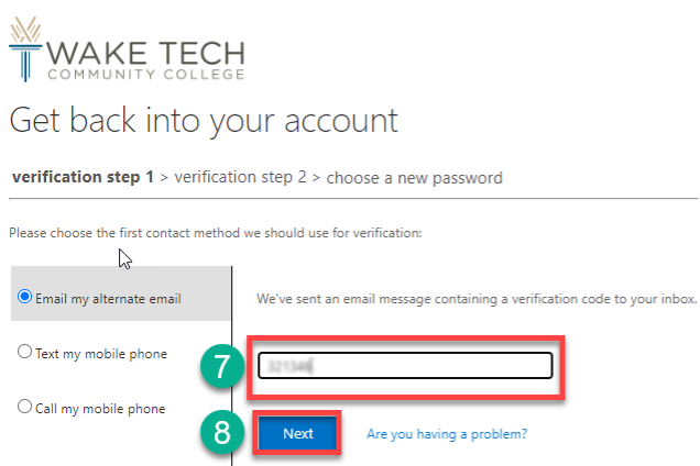 Enter emailed verification code and click next to reset Wake Tech password