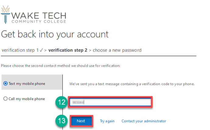 Enter text verification code and click next to reset Wake Tech password