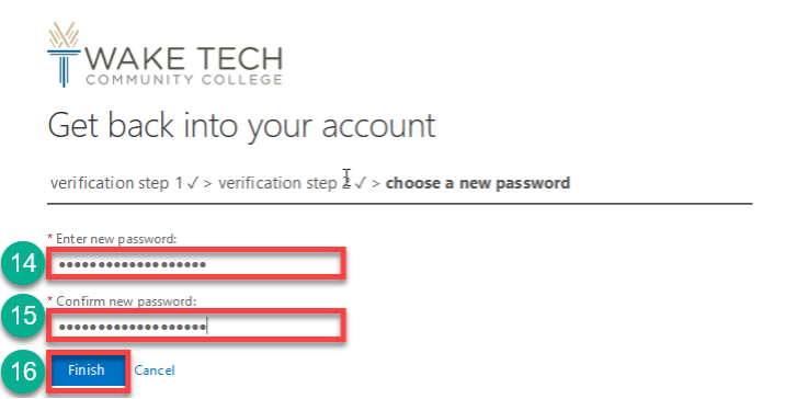 Create and confirm new password to reset Wake Tech password