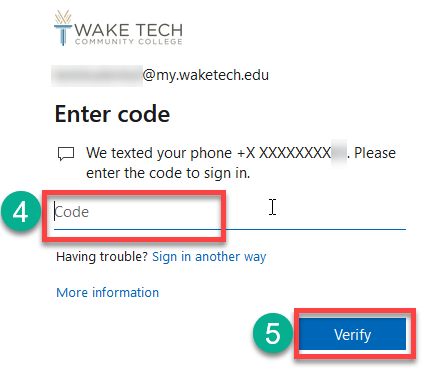 Enter text code to verify Wake Tech multi-factor authentication