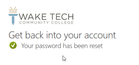 Screen confirming Wake Tech password has been reset