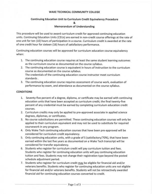 Continuing Education Unit to Curriculum Credit Equivalency Procedure & Memorandum of Understanding
