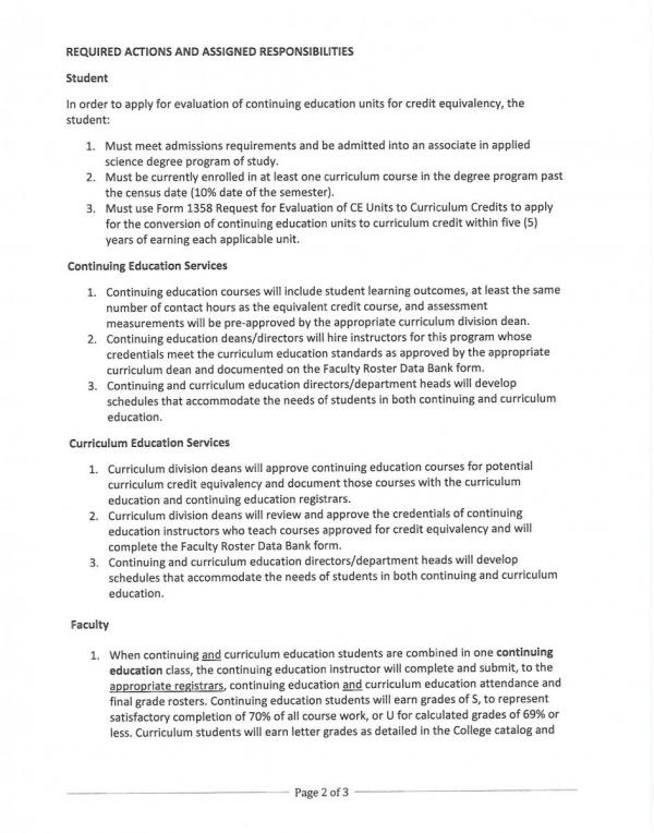 Continuing Education Unit to Curriculum Credit Equivalency Procedure & Memorandum of Understanding