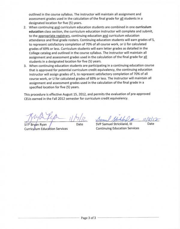 Continuing Education Unit to Curriculum Credit Equivalency Procedure & Memorandum of Understanding