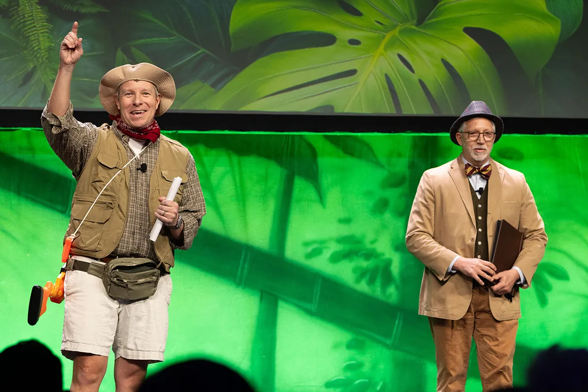 Matt Smith, VP of Development and Strategic Partnerships, left, and President Dr. Scott Ralls perform during the 2025 Wake Tech IGNITE event.