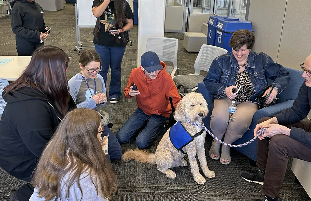 A therapy dog helps students get a break from studying.
