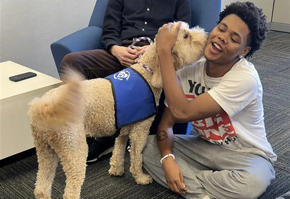 A therapy dog helps students get a break from studying.