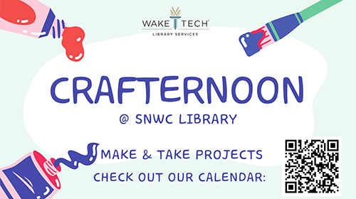 Image for Crafternoon event at the Scott Northern Wake Campus Library with QR code