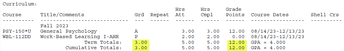 Wake Tech Sample Report Card