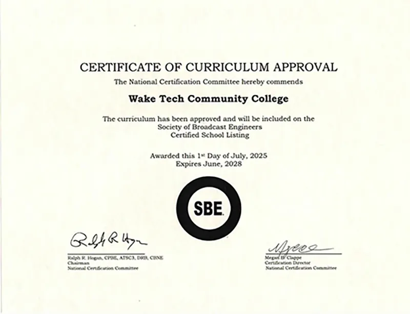 Image of Wake Tech certification by the Society of Broadcast Engineers