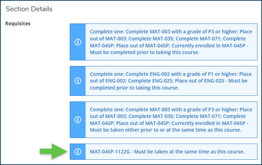 Image of requisites section of course listing in Self-Service