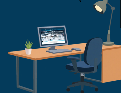 Image of a desk with a computer monitor, keyboard, mouse and lamp