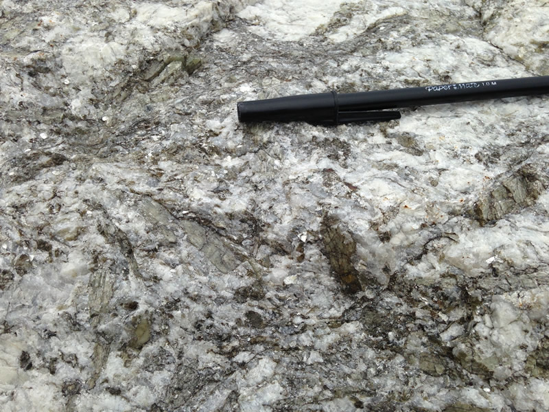Figure 3: Granite pegmatite showing a large muscovite crystal to the right of center in the image (it is a slightly darker oval). Black ballpoint pen for scale.