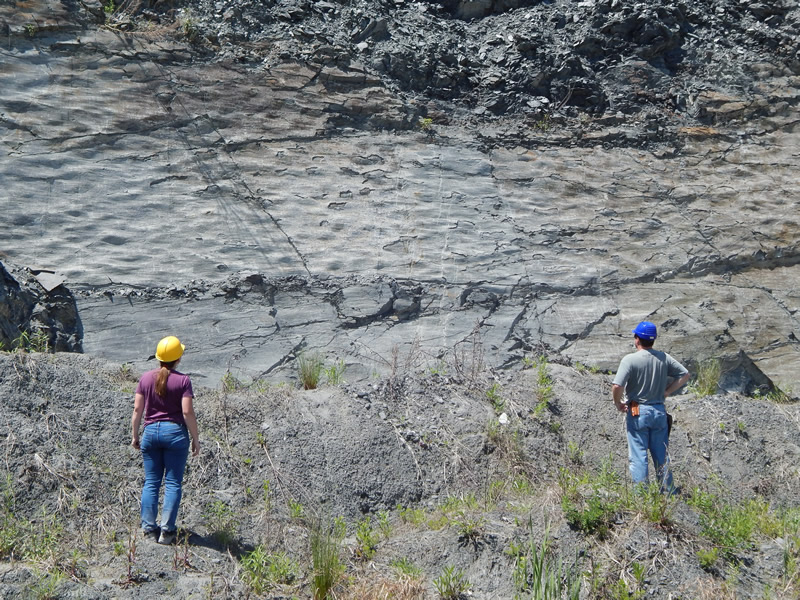 Figure 7: Wake Tech geologists Dr. Sara Rutzky and Tyler Clark examine the wall in the Asheboro quarry showing the current ripples in meta-argillite.