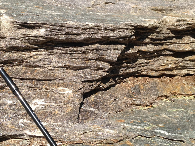 Figure 4: This image of the mica schist shows some of the foliation