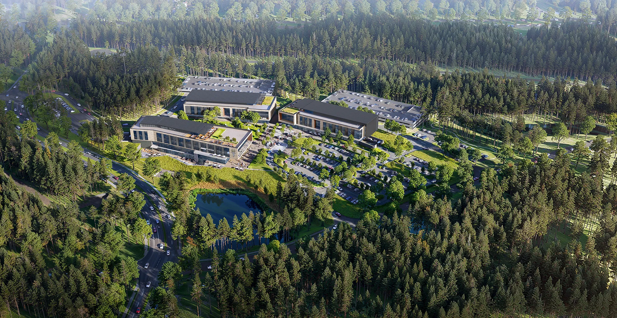 Aerial rendering of three buildings on Conlon Western Wake Campus