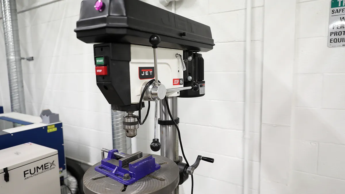 A drill press in the makerspace on Southern Wake Campus