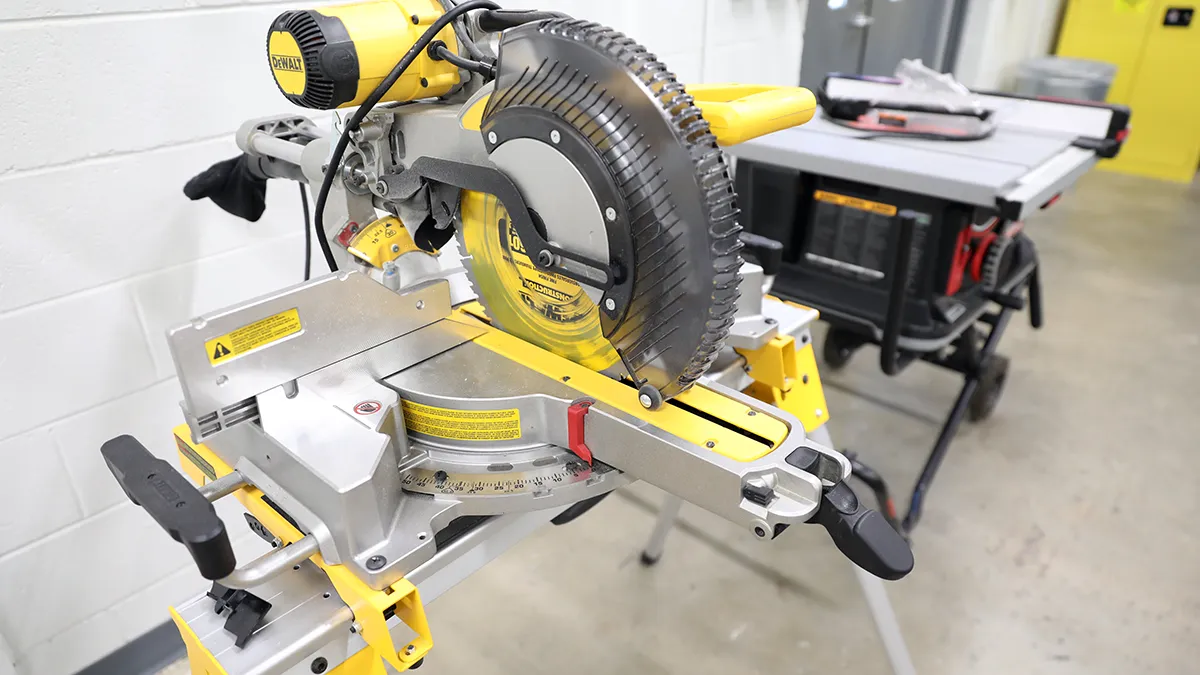 A radial-arm circular saw in the makerspace on Southern Wake Campus