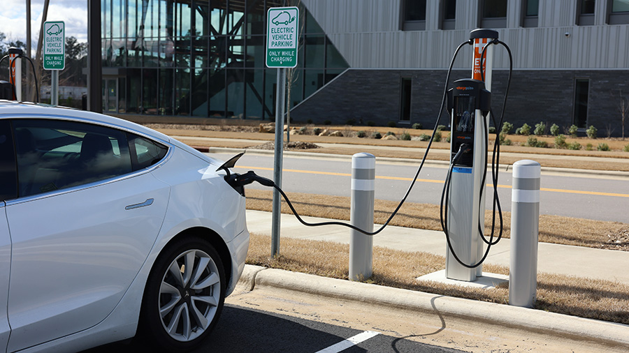 An electric vehicle gets recharged at Wake Tech East.