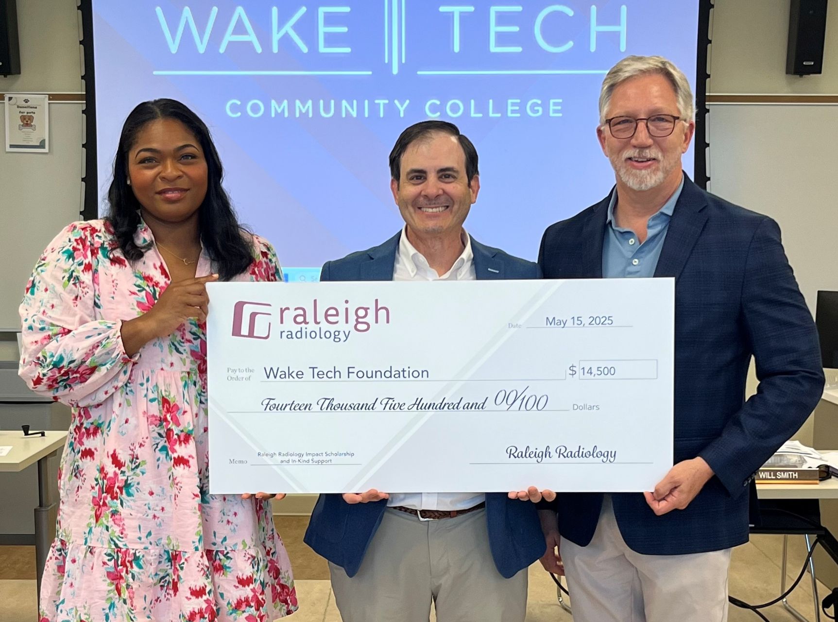 Raleigh Radiology presents a $6,000 check to support a scholarship for Radiography students at Wake Tech.