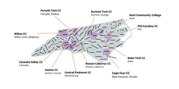 Map showing locations of North Carolina community colleges in the Careers Electric Training Network