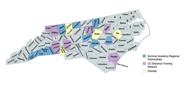 Map showing which community colleges are providing electrical training, a high school academy or both.