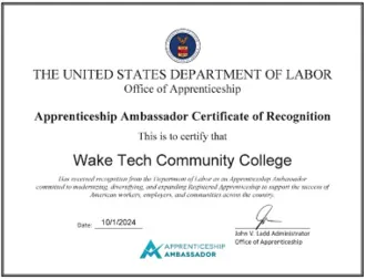 U.S. Department of Labor Apprenticeship Ambassador Certificate image