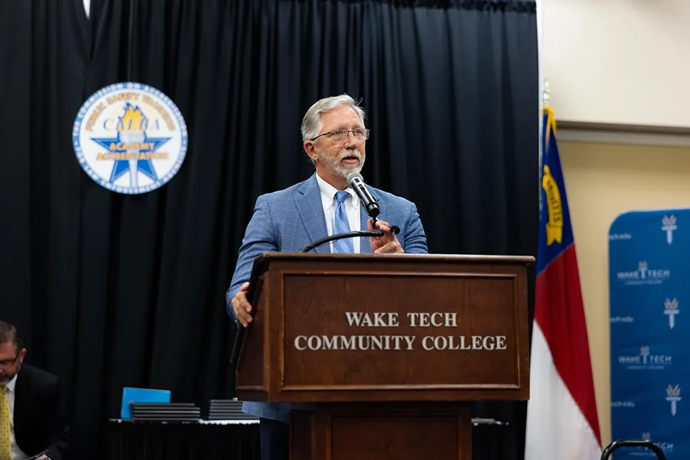 Wake Tech President Dr. Scott Ralls speaks to Basic Law Enforcement Training Academy graduates.