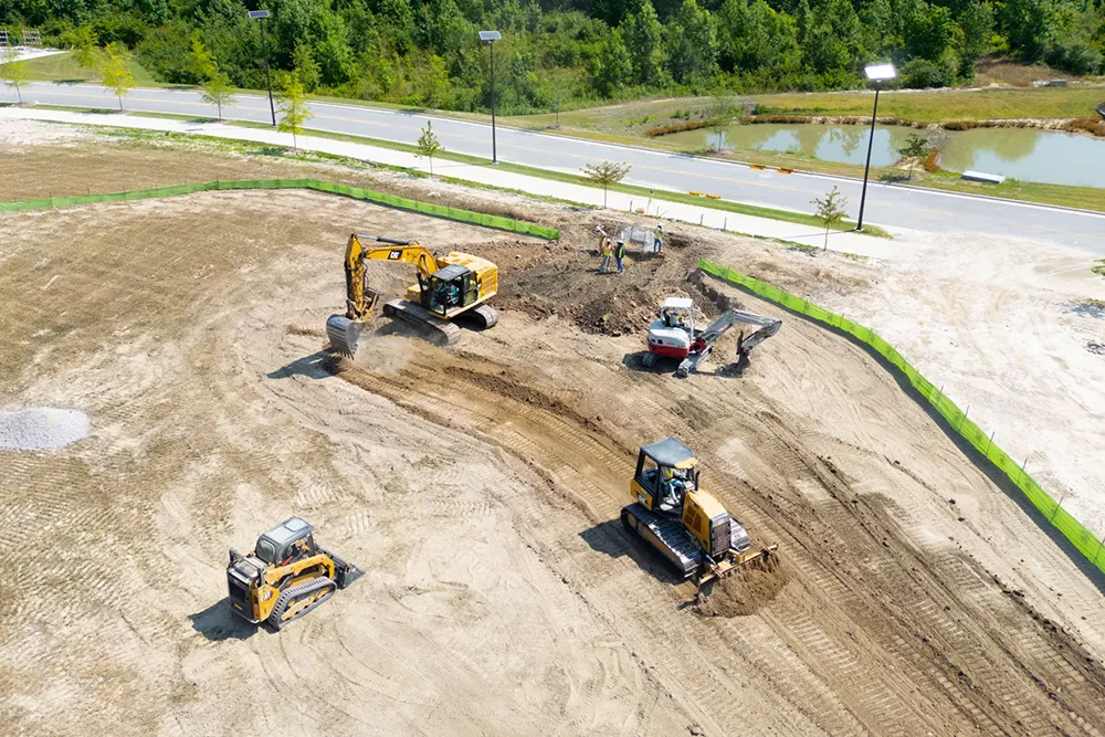 An aerial shot of site work for the Advanced Technology Center at Wake Tech East