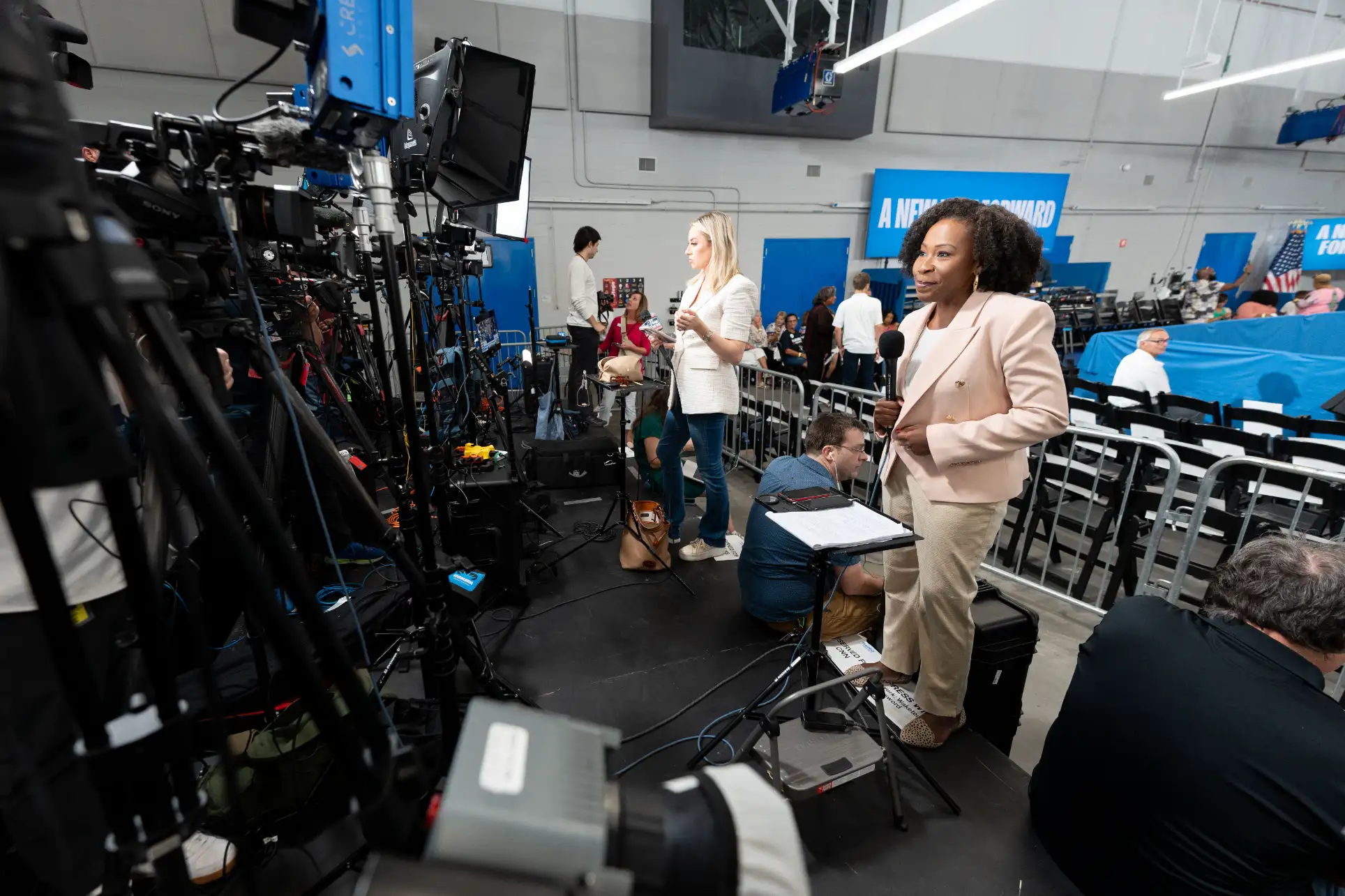 Dozens of reporters covered Vice President Kamala Harris' visit to Wake Tech.