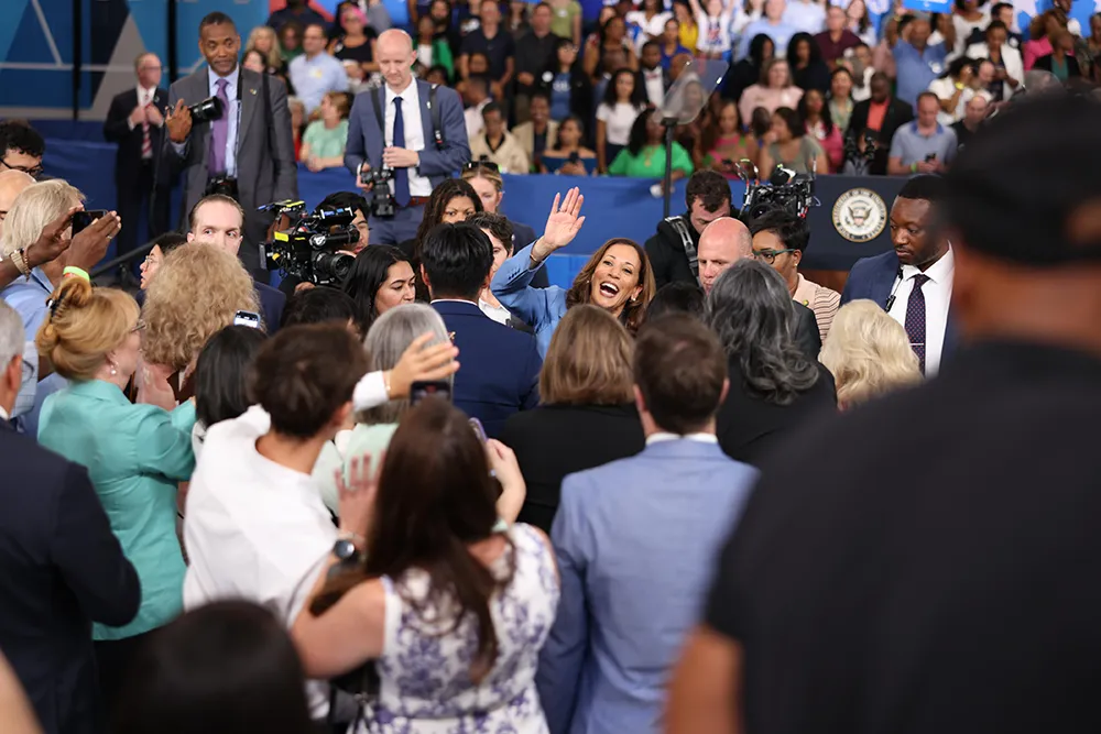 Vice President Kamala Harris meets with supporters during a campaign stop at Wake Tech.