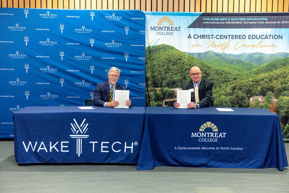 Wake Tech and Montreat College officials sign a credit transfer agreement for two programs
