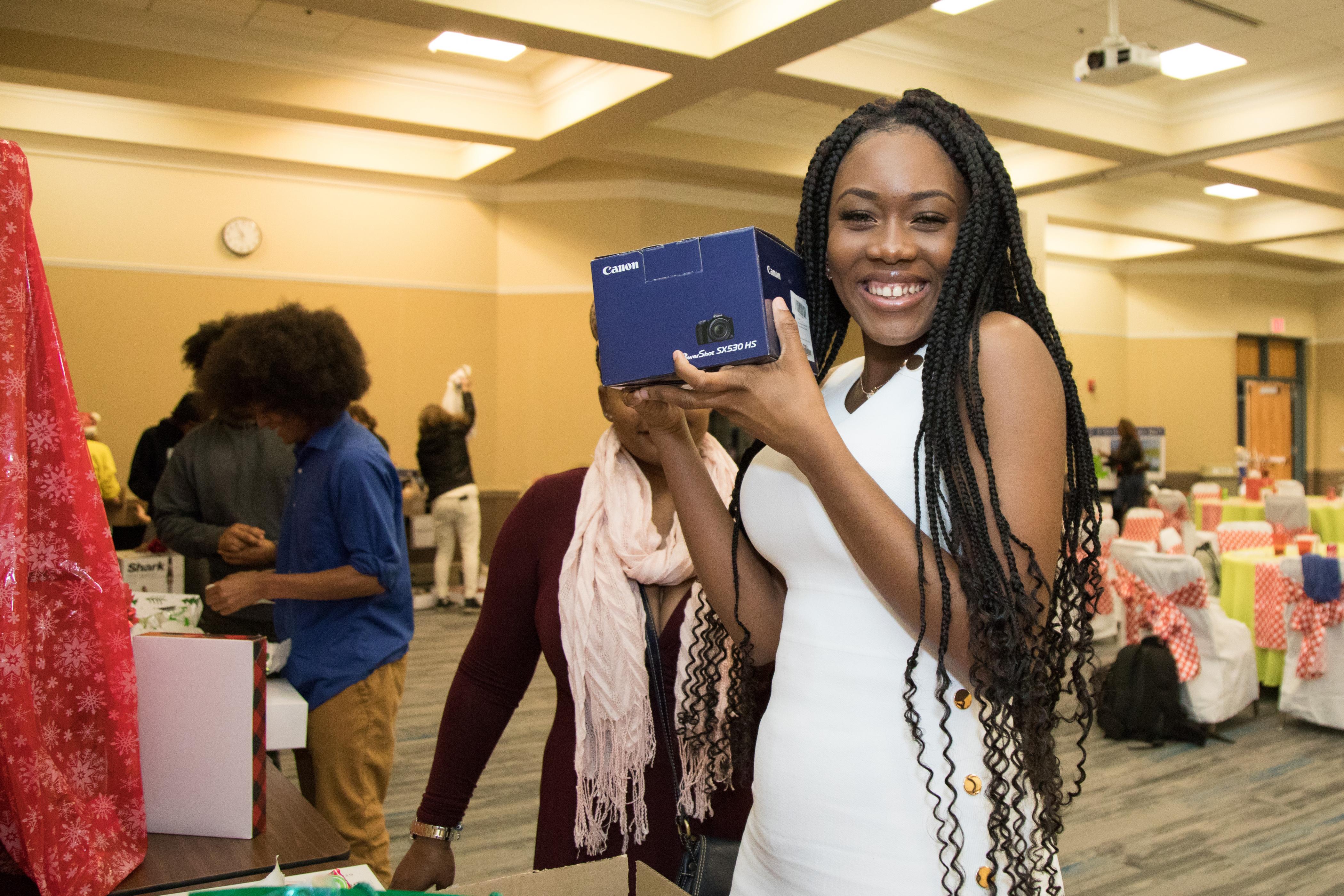 Student enjoying gifts