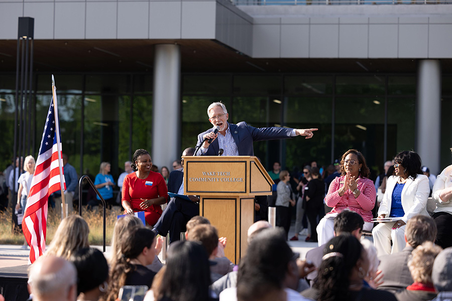 Wake Tech President Dr. Scott Ralls speaks during the opening ceremony for Wake Tech East.