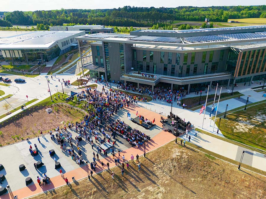 An aerial shot of the opening ceremony for Wake Tech East