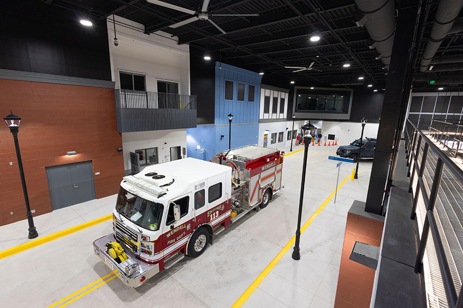 The Public Safety Simulation Complex at Wake Tech East includes an immersive streetscape for training.