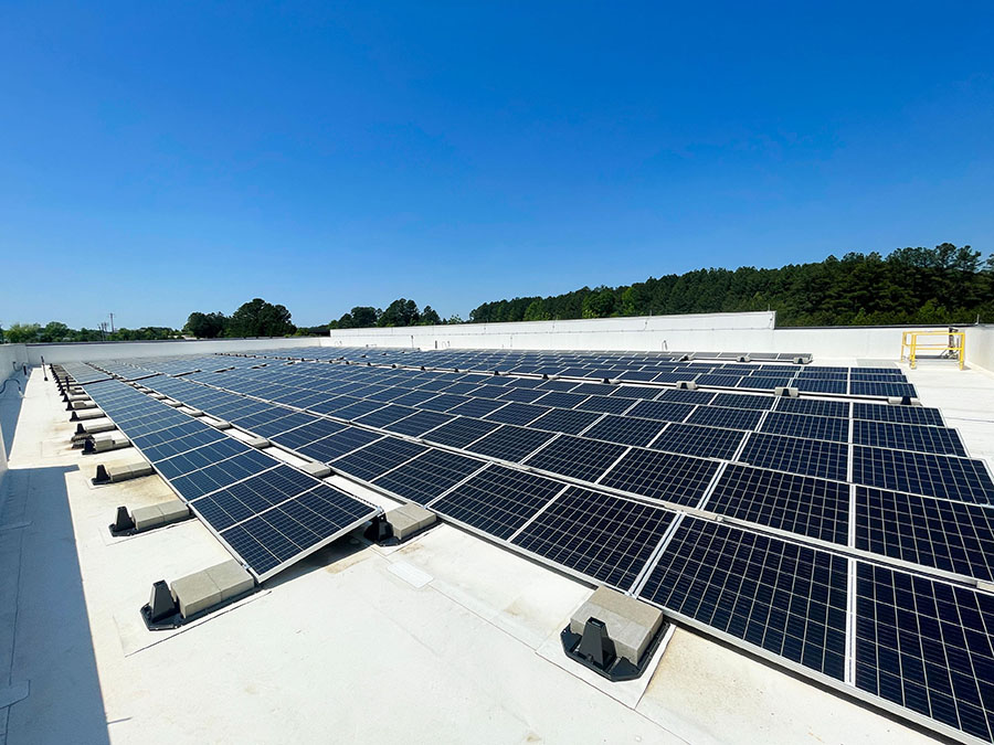 Rooftop solar panels are among the sustainability features at Wake Tech East.