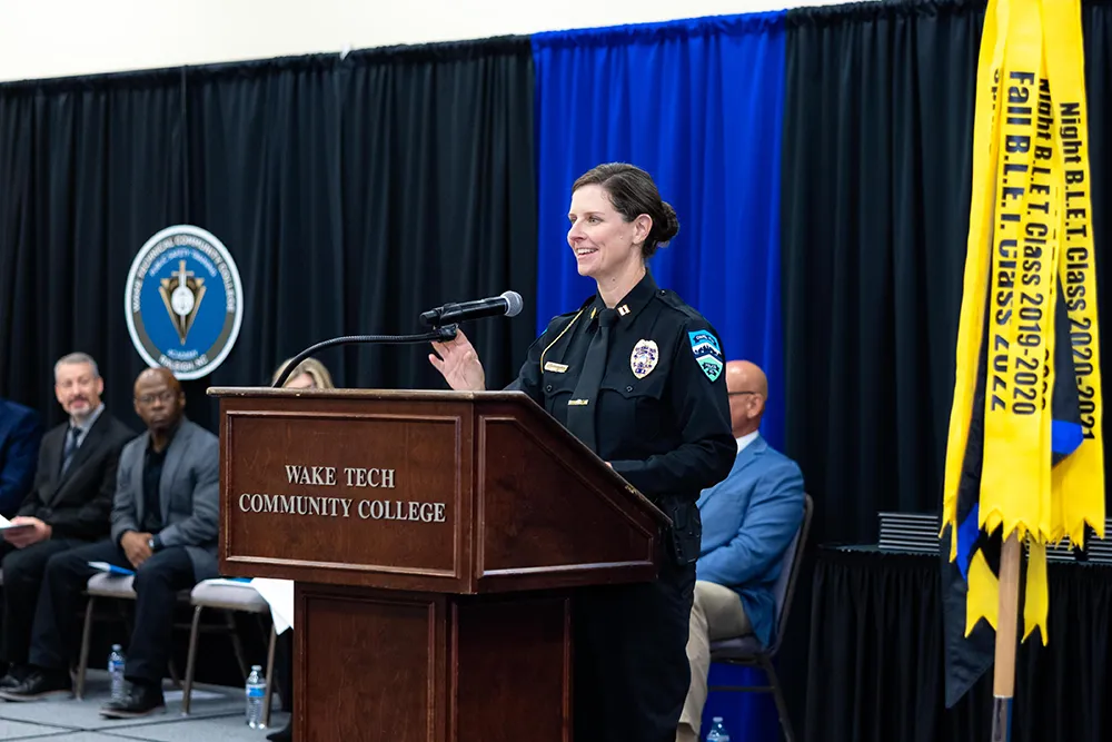Chapel Hill Police Capt. Johnnie Britt speaks during the Wake Tech Basic Law Enforcement Training Academy graduation on May 20, 2025. (Court Johnson/Wake Tech)