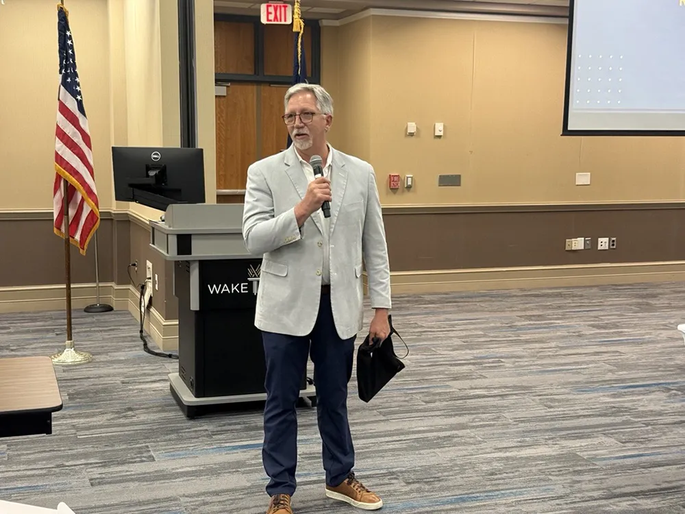 Wake Tech President Dr. Scott Ralls speaks at the LaunchWakeCounty Alumni Vendor Expo.