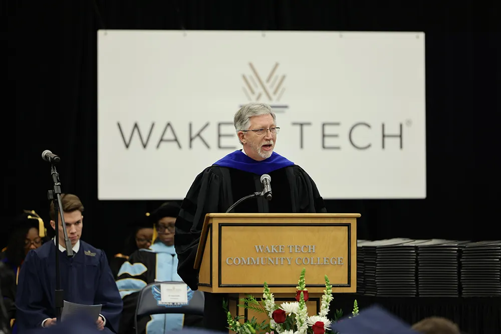 Wake Tech President Dr. Scott Ralls speaks at the commencement ceremony.