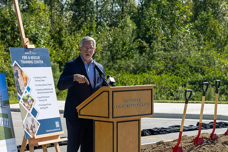 Wake Tech President Dr. Scott Ralls speaks during the groundbreaking ceremony for the Advanced Fire and Rescue Training Complex at Wake Tech East.