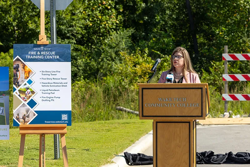 Wake Tech Public Safety Education Provost Dr. Jamie Wicker speaks during the groundbreaking ceremony for the Advanced Fire and Rescue Training Complex at Wake Tech East.