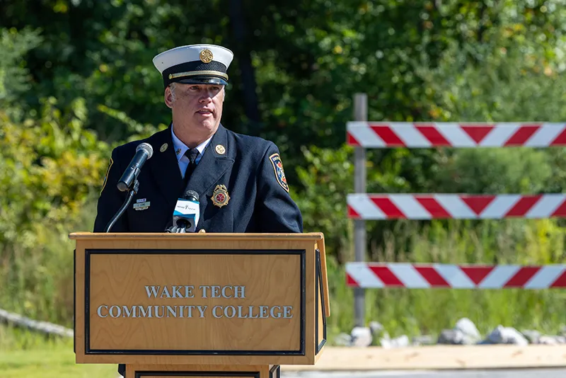 Knightdale Fire Chief Loren Cone speaks during the groundbreaking ceremony for the Advanced Fire and Rescue Training Complex at Wake Tech East.