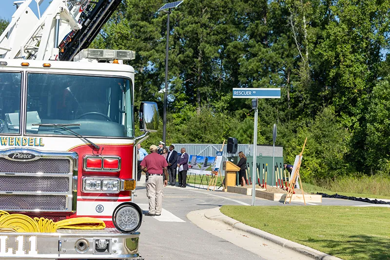 Shovels are prepared for the groundbreaking ceremony for the Advanced Fire and Rescue Training Complex at Wake Tech East.