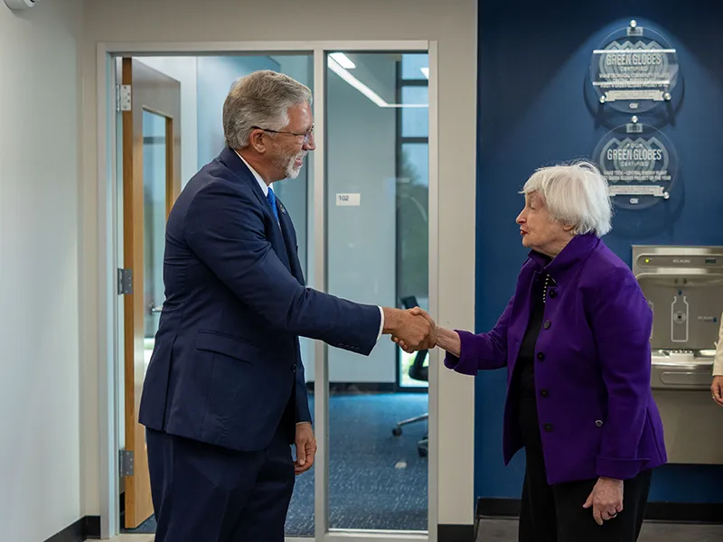 Wake Tech President Dr. Scott Ralls greets U.S. Treasury Secretary Janet Yellen during her visit to the college.