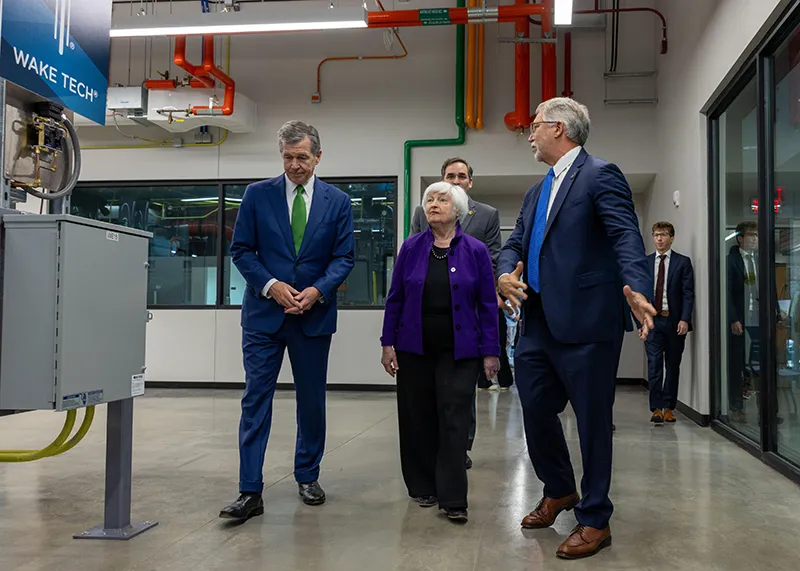 U.S. Treasury Secretary Janet Yellen checks out the Central Energy Plant at Wake Tech East.