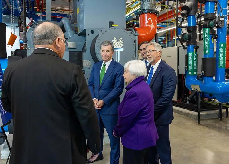 U.S. Treasury Secretary Janet Yellen checks out the Central Energy Plant at Wake Tech East.