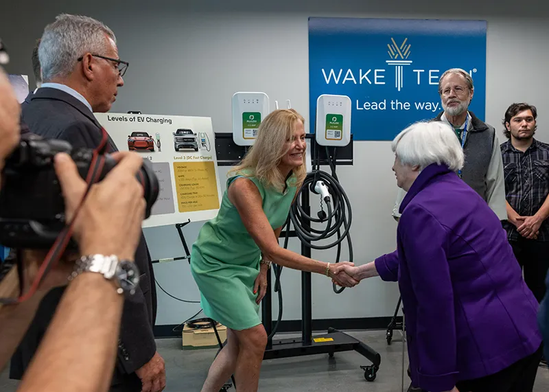 U.S. Treasury Secretary Janet Yellen learns about Wake Tech's commitment to sustainability and renewable energy during a visit to the college.